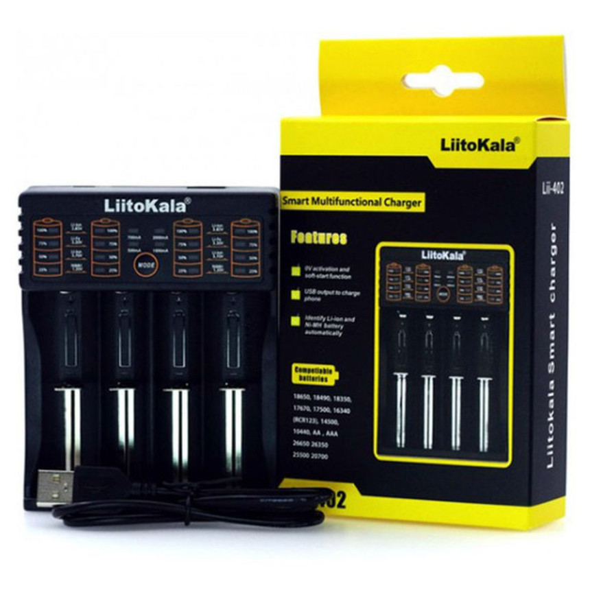 Зарядний пристрій Liitokala Lii-402, Ni-Mh/Li-ion/Li-Fe/LiFePO4, USB, Powerbank, LED, Box
