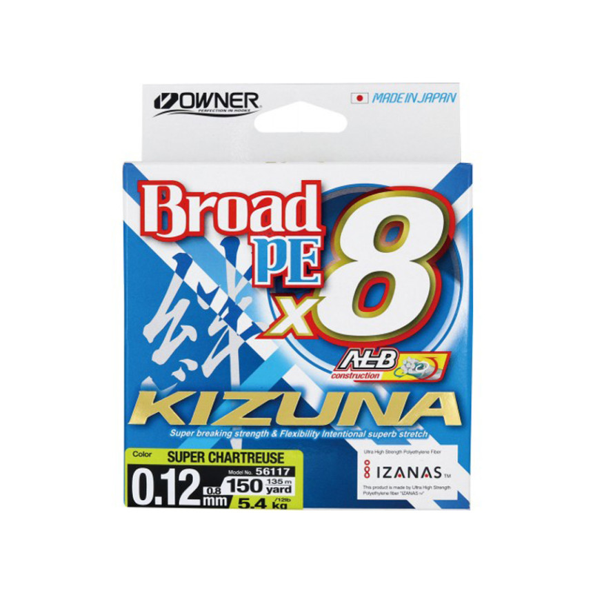 Шнур Owner Kizuna Broad PEx8 135м 0.12мм 5.4кг Chartreuse
