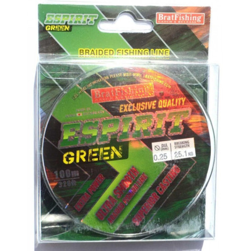 Шнур BratFishing ESPIRIT GREEN, зелений, плетіння 8 ниток, 100м., діаметр 0,25мм
