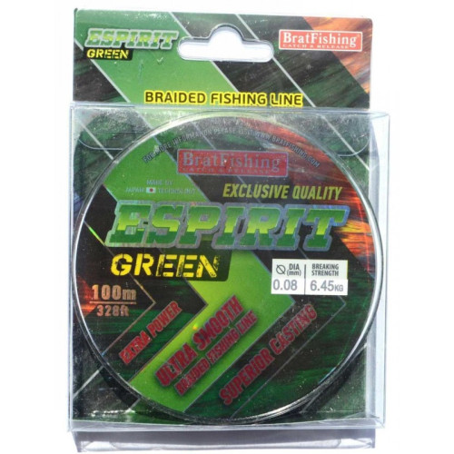 Шнур BratFishing ESPIRIT GREEN, зелений, плетіння 8 ниток, 100м., діаметр 0,08мм