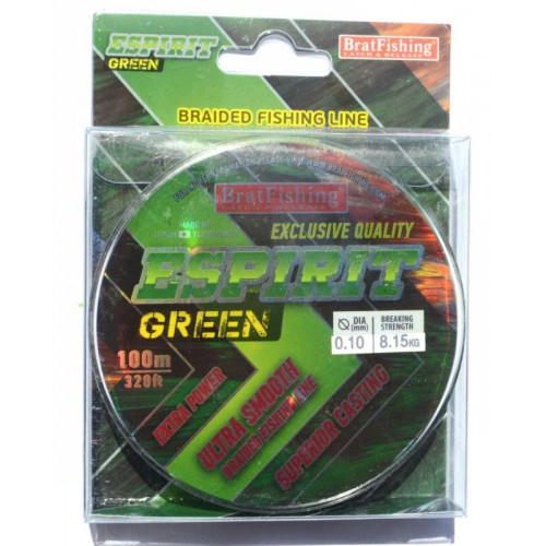 Шнур BratFishing ESPIRIT GREEN, зелений, плетіння 8 ниток, 100м., діаметр 0,10мм