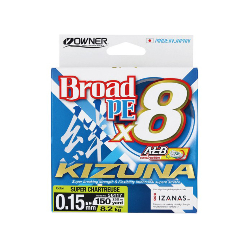 Шнур Owner Kizuna Broad PEx8 135м 0.15мм 8.2кг Chartreuse