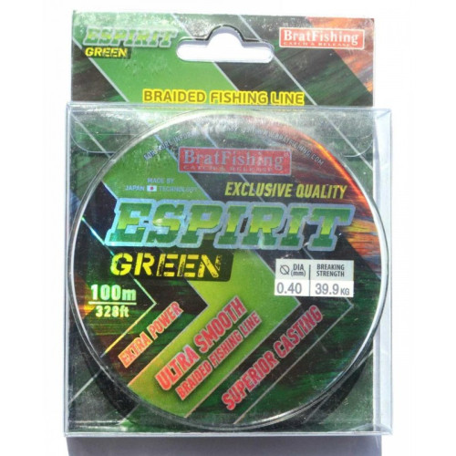 Шнур BratFishing ESPIRIT GREEN, зелений, плетіння 8 ниток, 100м., діаметр 0,40мм