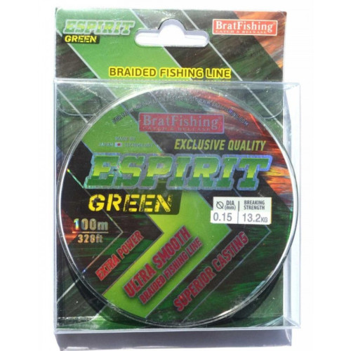 Шнур BratFishing ESPIRIT GREEN, зелений, плетіння 8 ниток, 100м., діаметр 0,15мм