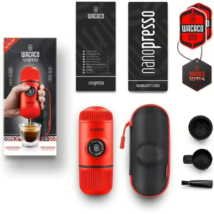 Портативна еспресо-кавоварка Wacaco Nanopresso червона з чохлом