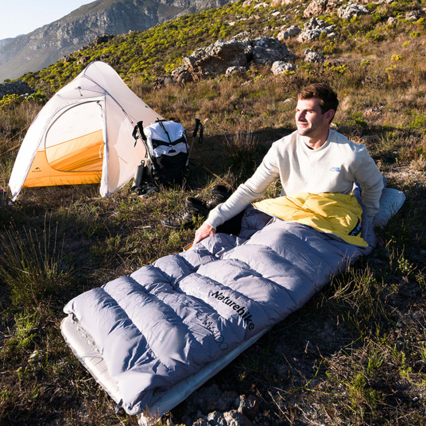 Спальник з натуральним пухом Naturehike CW400 NH18C400-D, p-р L, жовто-сірий