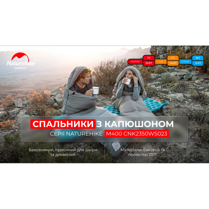Спальник з капюшоном із звичайним мішком для зберігання Naturehike M400 CNK2350WS023, (1°C), правий, сірий